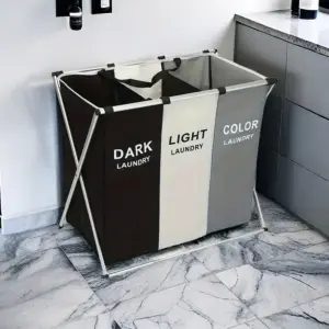 سلة غسيل بـ 3 أقسام لتسهيل فرز الأبيض، الألوان، والملابس الداكنه- Laundry Basket with 3 Sections for Sorting Whites, Colors, and Delicates
